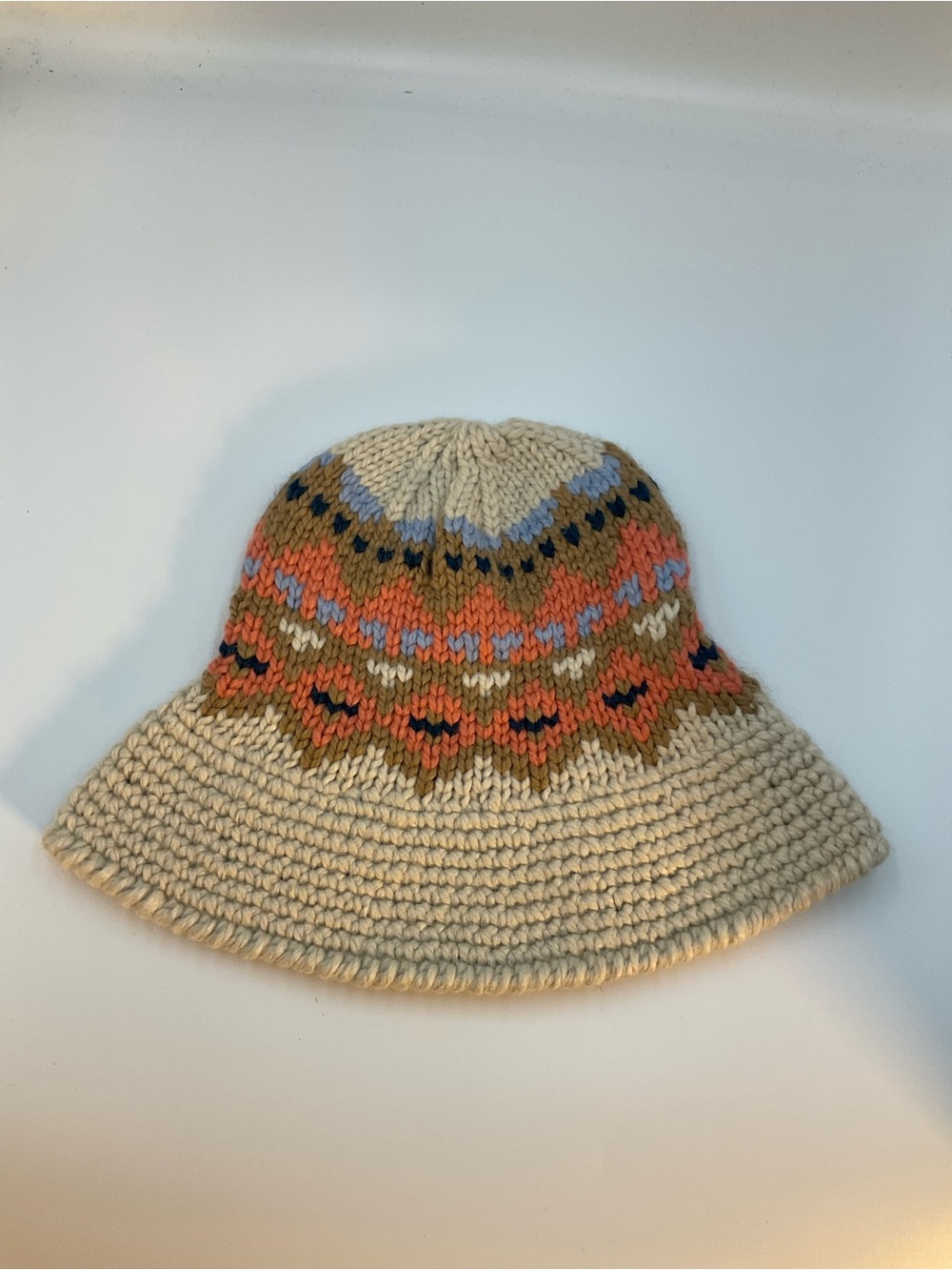 Cream Knit Bucket Hat with Multicolor Fair Isle Accent
